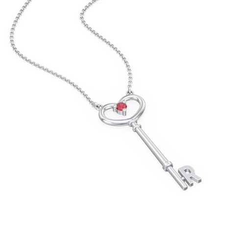 Initial Heart Key Necklace with Gemstone - R