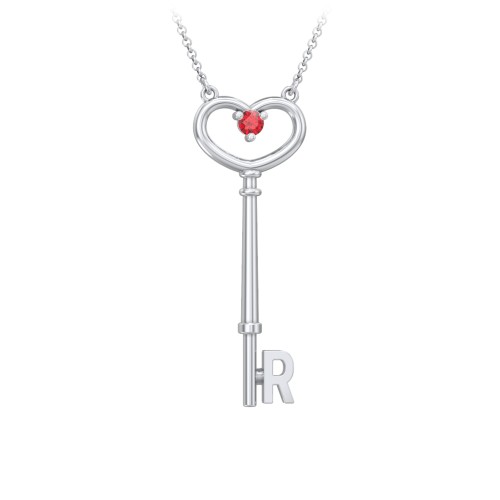 Initial Heart Key Necklace with Gemstone - R