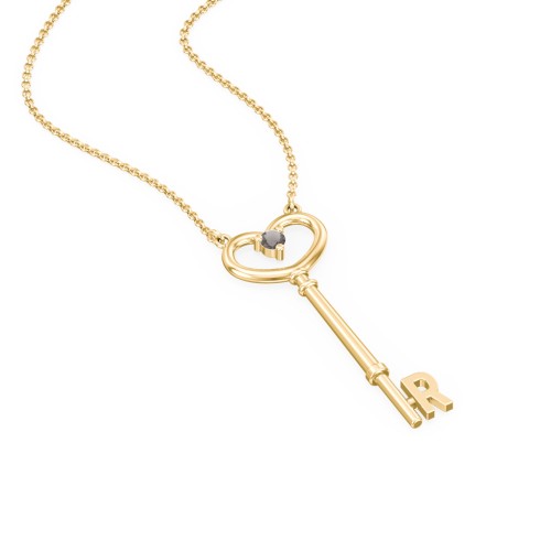 Initial Heart Key Necklace with Gemstone - R – 18K Gold Plated Silver with Smokey Quartz