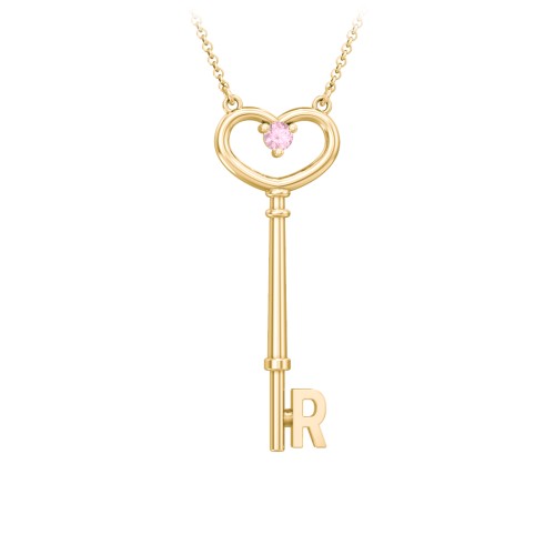 Initial Heart Key Necklace with Gemstone - R – 18K Gold Plated Silver with Pink Tourmaline