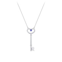 Initial Heart Key Necklace with Gemstone - R – Sterling Silver with Blue Sapphire