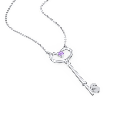Initial Heart Key Necklace with Gemstone - S – Sterling Silver with Amethyst