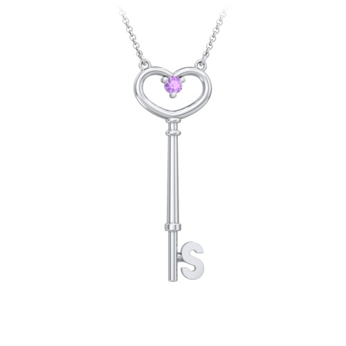Initial Heart Key Necklace with Gemstone - S – Sterling Silver with Amethyst
