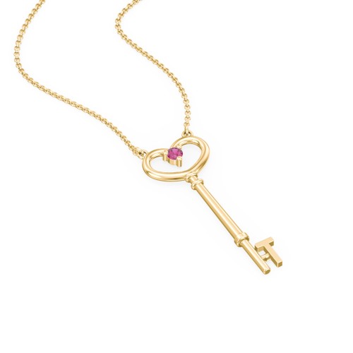 Initial Heart Key Necklace with Gemstone - T – 18K Gold Plated Silver with Ruby