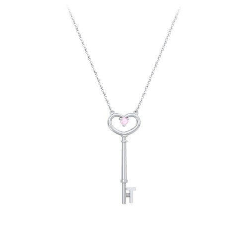 Initial Heart Key Necklace with Gemstone - T – Sterling Silver with Pink Tourmaline
