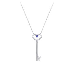 Initial Heart Key Necklace with Gemstone - V – Sterling Silver with Blue Sapphire