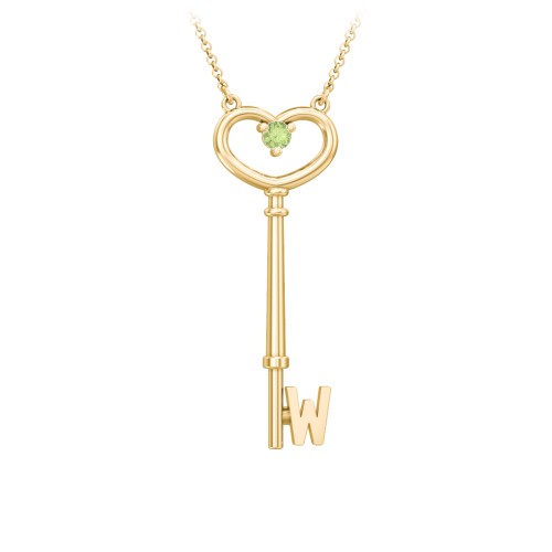 Initial Heart Key Necklace with Gemstone - W – 18K Gold Plated Silver with Peridot