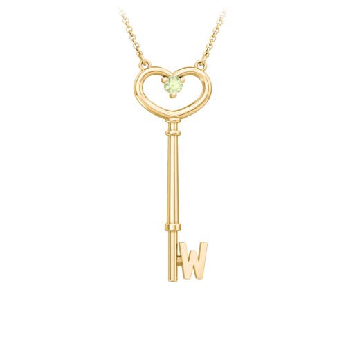 Initial Heart Key Necklace with Gemstone - W – 18K Gold Plated Silver with Peridot