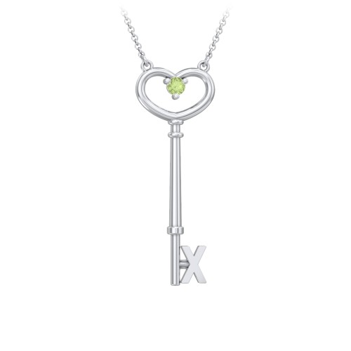 Initial Heart Key Necklace with Gemstone - X