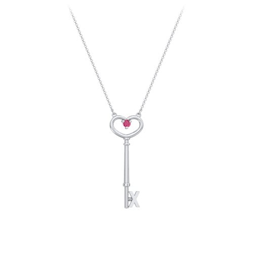 Initial Heart Key Necklace with Gemstone - X