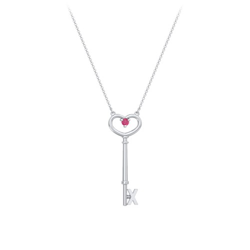 Initial Heart Key Necklace with Gemstone - X – Sterling Silver with Ruby