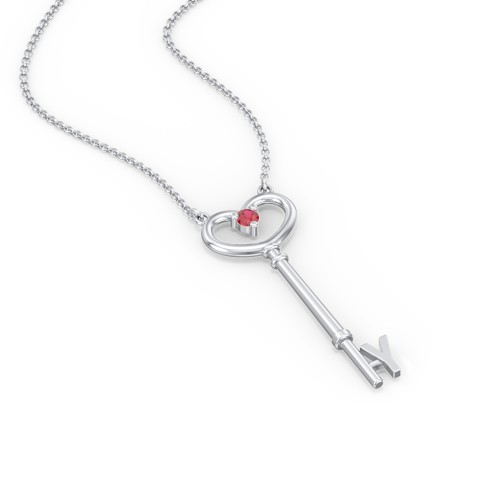 Initial Heart Key Necklace with Gemstone - Y