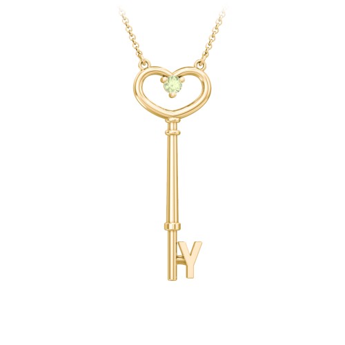 Initial Heart Key Necklace with Gemstone - Y – 18K Gold Plated Silver with Peridot