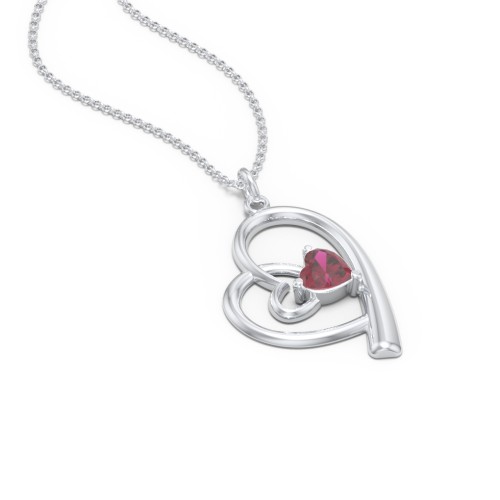 Intertwined Heart In Heart Pendant with Gemstone – Sterling Silver with Ruby