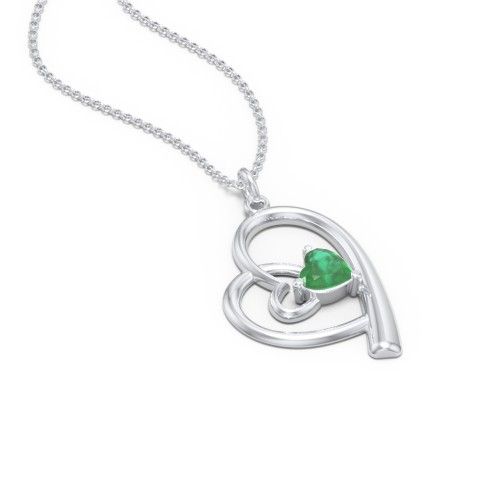 Intertwined Heart In Heart Pendant with Gemstone – Sterling Silver with Emerald