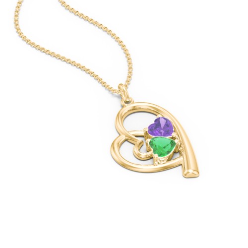 Intertwined Heart In Heart Pendant with 2 Gemstones – 10K Yellow Gold with Amethyst and Emerald
