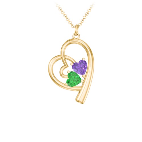 Intertwined Heart In Heart Pendant with 2 Gemstones – 10K Yellow Gold with Amethyst and Emerald
