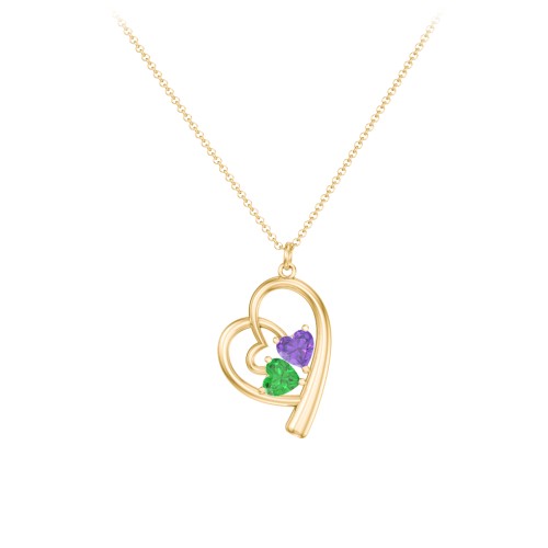Intertwined Heart In Heart Pendant with 2 Gemstones – 10K Yellow Gold with Amethyst and Emerald