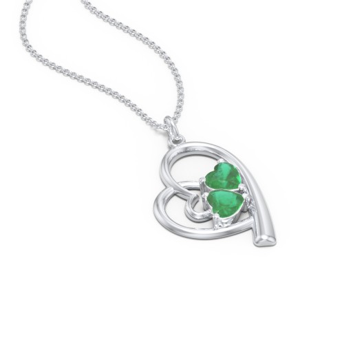 Intertwined Heart In Heart Pendant with 2 Gemstones – Sterling Silver with Emerald