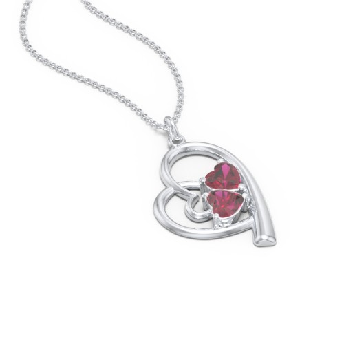 Intertwined Heart In Heart Pendant with 2 Gemstones – Sterling Silver with Ruby