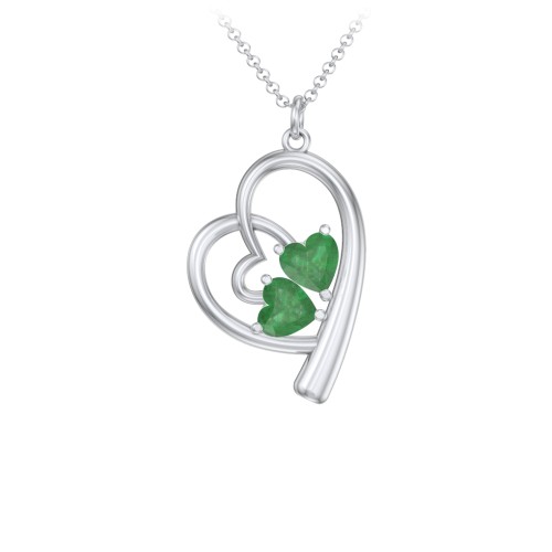 Intertwined Heart In Heart Pendant with 2 Gemstones – Sterling Silver with Emerald