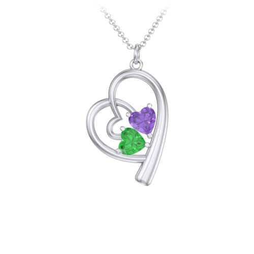 Intertwined Heart In Heart Pendant with 2 Gemstones – Sterling Silver with Amethyst and Emerald