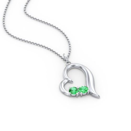 Tilted Open Heart Pendant with Gemstones – Sterling Silver with Emerald