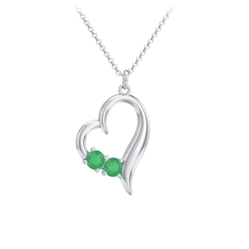 Tilted Open Heart Pendant with Gemstones – Sterling Silver with Emerald