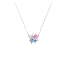 Lucky Clover Hearts And Gemstones Necklace in 925 Sterling Silver with Pink Tourmaline and Blue Topaz