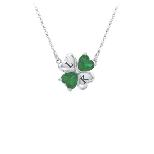 Lucky Clover Hearts And Gemstones Necklace – Sterling Silver with Emerald