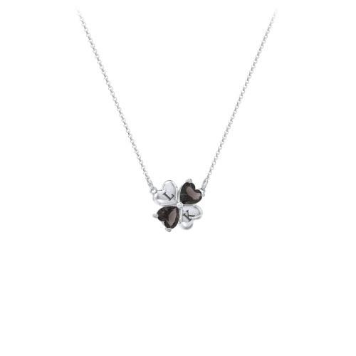 Lucky Clover Hearts And Gemstones Necklace – Sterling Silver with Smokey Quartz