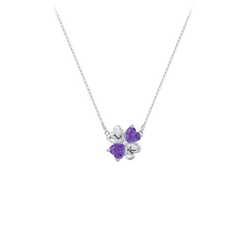 Lucky Clover Hearts And Gemstones Necklace – Sterling Silver with Amethyst