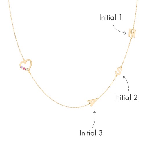 Satellite 3-Stone Heart and Initials Necklace – 10K Yellow Gold with Amethyst, Ruby, and Cubic Zirconia
