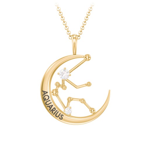 Engravable Aquarius Constellation Necklace With Gemstone – 18K Gold Plated Silver with Diamond