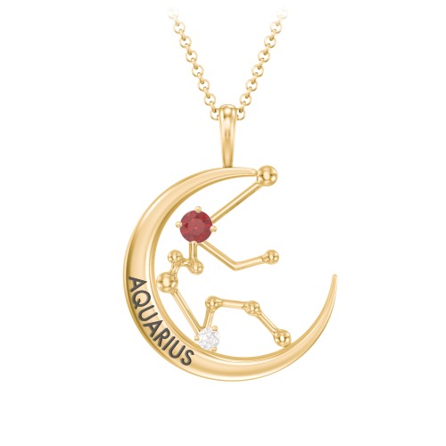Engravable Aquarius Constellation Necklace With Gemstone – 18K Gold Plated Silver with Garnet and White Premium Zirconia