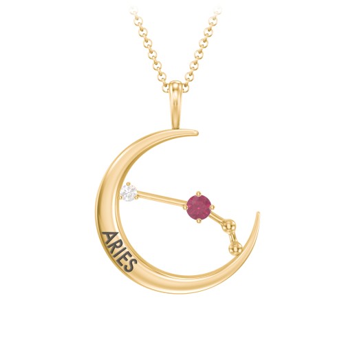 Engravable Aries Constellation Necklace With Gemstone – 18K Gold Plated Silver with Ruby and White Premium Zirconia