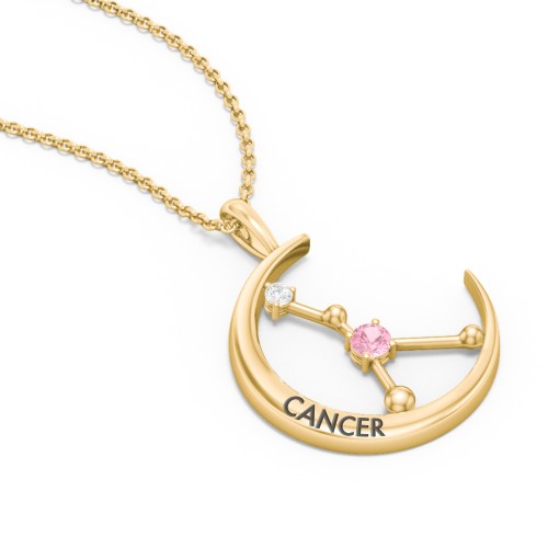 Engravable Cancer Constellation Necklace With Gemstone – 18K Gold Plated Silver with Pink Tourmaline and White Premium Zirconia