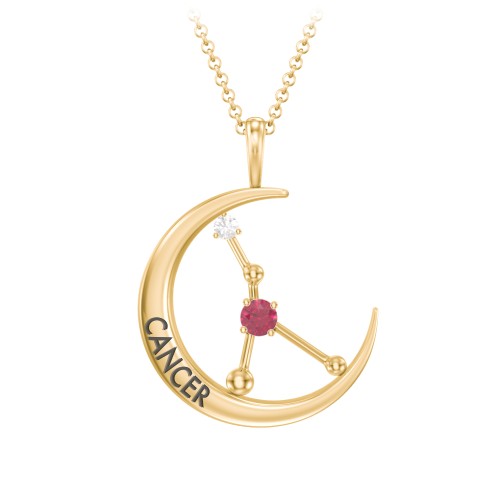 Engravable Cancer Constellation Necklace With Gemstone – 18K Gold Plated Silver with Ruby and White Premium Zirconia