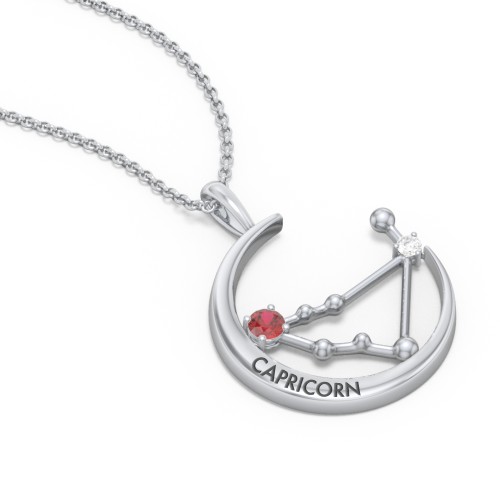 Engravable Capricorn Constellation Necklace With Gemstone – Sterling Silver with Garnet and White Premium Zirconia