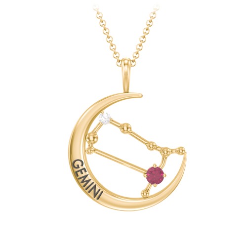 Engravable Gemini Constellation Necklace With Gemstone – 18K Gold Plated Silver with Ruby and White Premium Zirconia