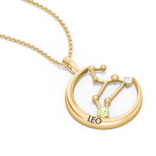 Engravable Leo Constellation Necklace With Gemstone – 18K Gold Plated Silver with Peridot and White Premium Zirconia