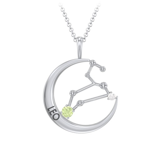 Engravable Leo Constellation Necklace With Gemstone – Sterling Silver with Peridot and White Premium Zirconia