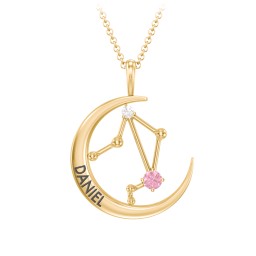 Engravable Libra Constellation Necklace With Gemstone in 18K Gold Plated Silver with Pink Tourmaline and White Premium Zirconia