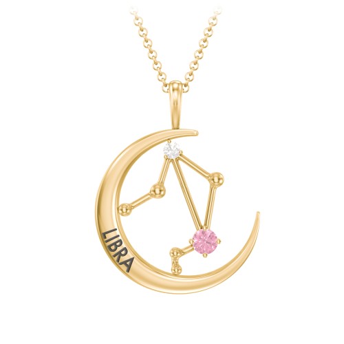 Engravable Libra Constellation Necklace With Gemstone – 18K Gold Plated Silver with Pink Tourmaline and White Premium Zirconia