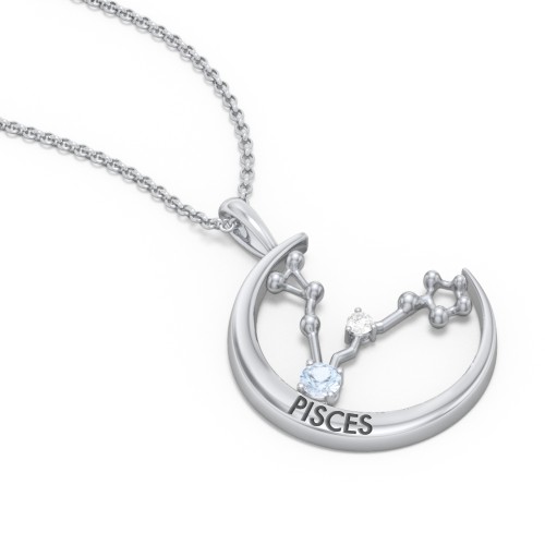 Engravable Pisces Constellation Necklace With Gemstone – Sterling Silver with Aquamarine and White Premium Zirconia
