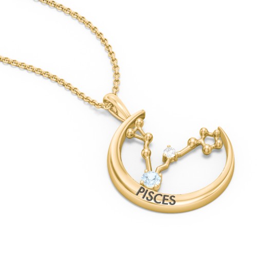 Engravable Pisces Constellation Necklace With Gemstone – 18K Gold Plated Silver with Aquamarine and White Premium Zirconia