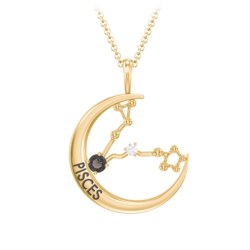 Engravable Pisces Constellation Necklace With Gemstone – 18K Gold Plated Silver with Smokey Quartz and White Premium Zirconia