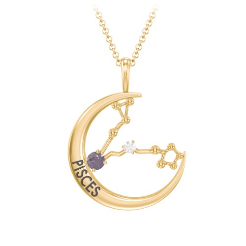 Engravable Pisces Constellation Necklace With Gemstone – 18K Gold Plated Silver with Alexandrite and White Premium Zirconia