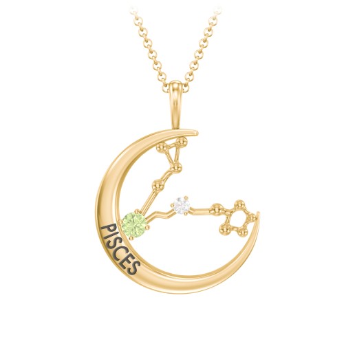 Engravable Pisces Constellation Necklace With Gemstone – 18K Gold Plated Silver with Peridot and White Premium Zirconia
