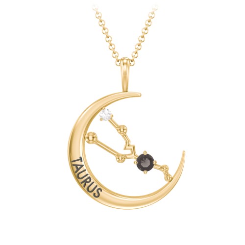 Engravable Taurus Constellation Necklace With Gemstone – 18K Gold Plated Silver with Smokey Quartz and White Premium Zirconia